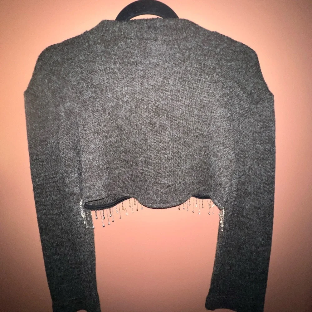 Zara - Cropped Dark Gray Knit Sweater with Rhinestone Fringe